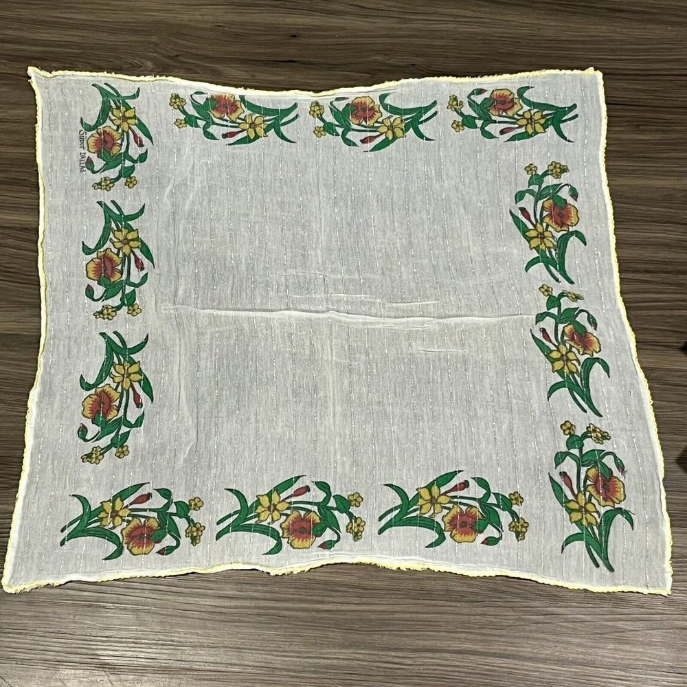 Vintage Yellow Floral Printed Handkerchief Silver Thread Accents Super Dallas